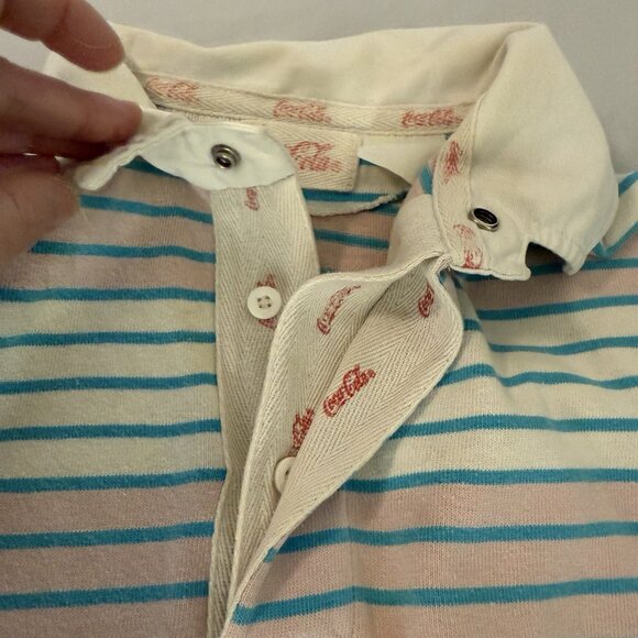 Vintage Coca-Cola 80s Shirt Polo Rugby Rare Pink Teal Stripes Coke Medium - Picture 9 of 10